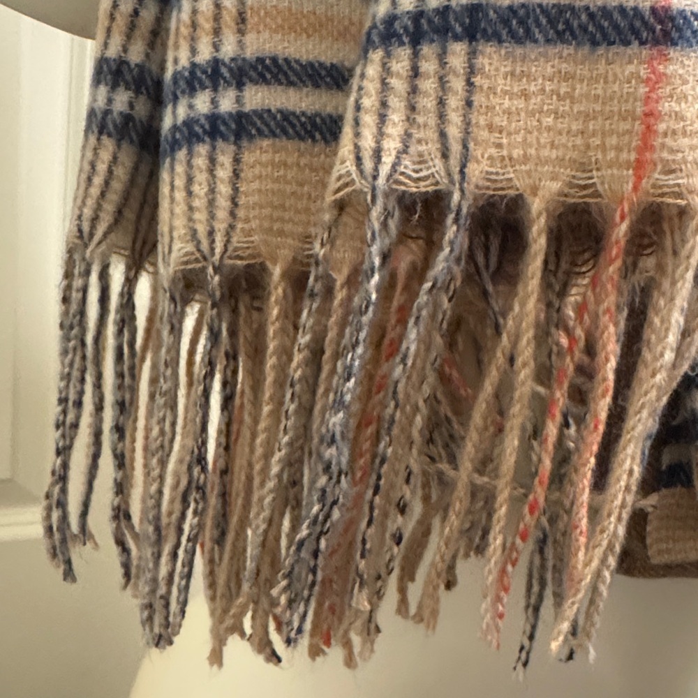 Plaid Beige and Blue Scarf - Picture 2 of 5